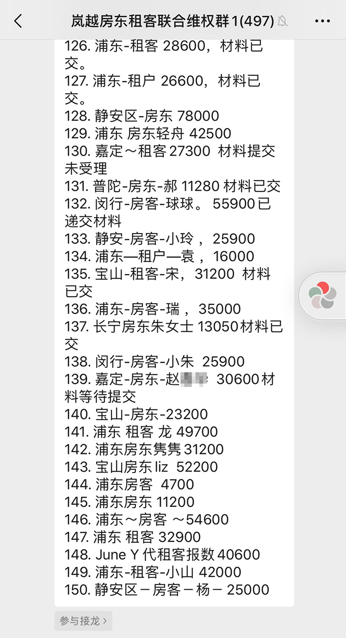 截至8月26日，维权群里有150名租客完成“被骗金额”接龙。 澎湃新闻见习记者 巩汉语 图