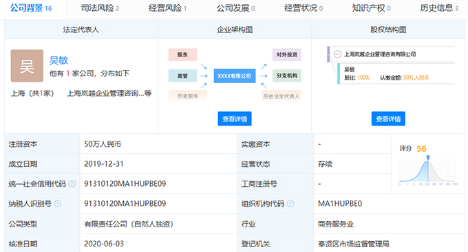 天眼查显示岚越公司的工商信息。