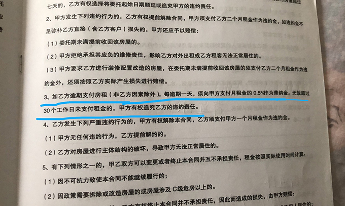 房屋委托合同显示，无故未支付租金超30日，可追究岚越违约责任。 受访者 供图